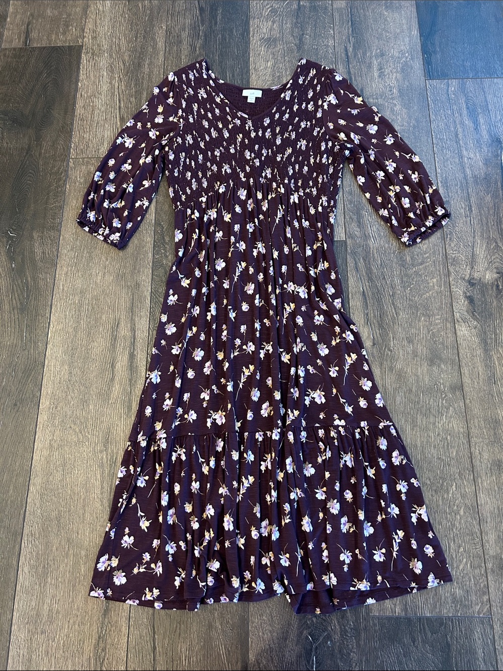 J Jill Women's Floral Smocked Midi Dress in Deep Plum, small petite